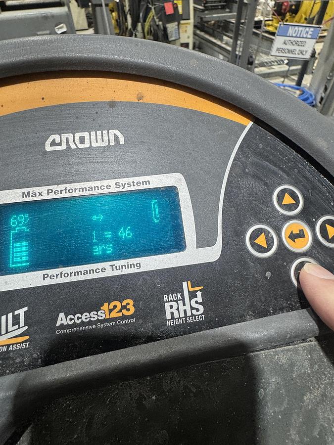 Used CROWN MODEL RR5725-35 NARROW ISLE FORKLIFT STAND UP ELECTRIC