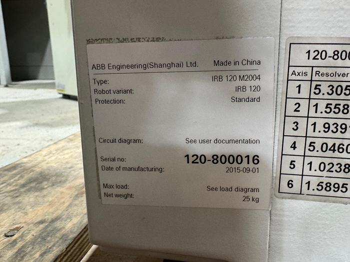 Used 2015 ABB IRB 120 WITH IRC5 CONTROLLER, PENDANT, CABLES, ONLY 25 HOURS
