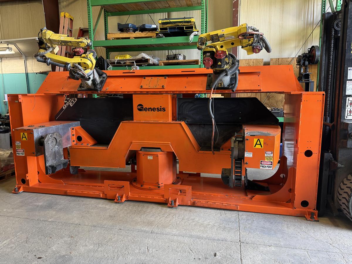 Used GENESIS SYSTEM 3X DUAL TRUNION MIG WELDING CELL WITH 2 ARC MATE 100iC R-30iB ROBOTS