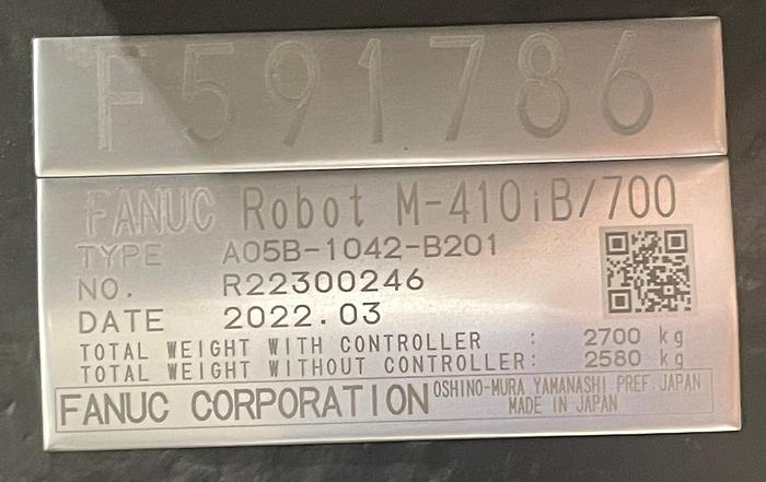 Used 2022 FANUC M-410iB/700 PALLETIZING ROBOT WITH R-30iB PLUS CONTROLLER MINT!