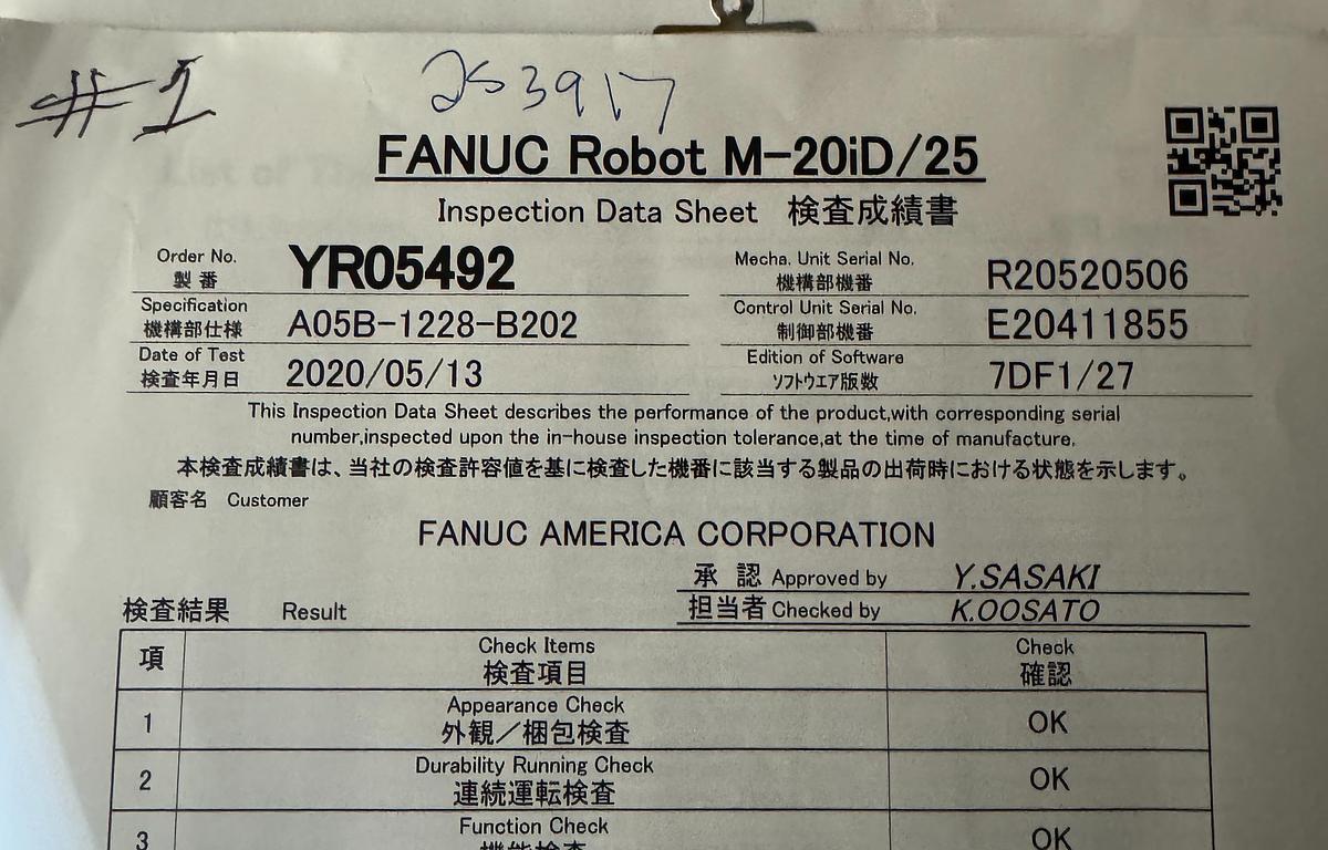 Used FANUC M-20iD/25 ROBOT WITH R-30iB PLUS CONTROLLER, PENDANT, CABLES.  NEVER IN PRODUCTION!