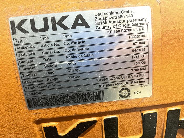Used KUKA KR 150 R3700 ULTRA K 6 AXIS ROBOT, KR C4 NA CONTROLLER, QUICK DISCONNECT END EFFECTOR