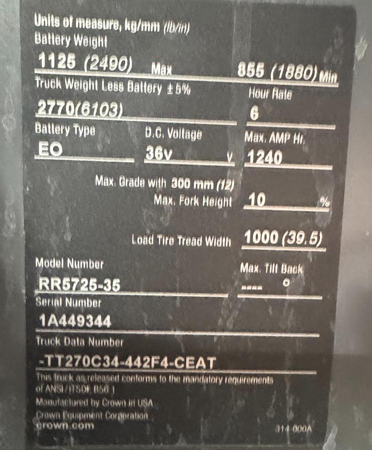 Used CROWN MODEL RR5725-35 NARROW ISLE FORKLIFT STAND UP ELECTRIC