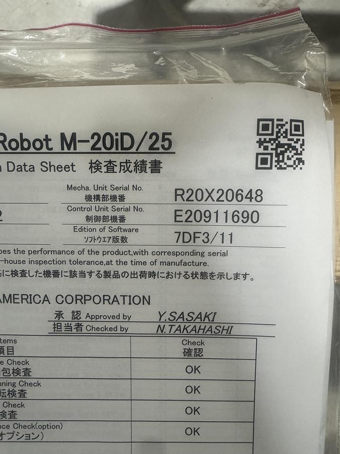 Used FANUC M-20iD/25 ROBOT WITH R-30iB PLUS CONTROLLER, PENDANT, CABLES.  NEVER IN PRODUCTION!