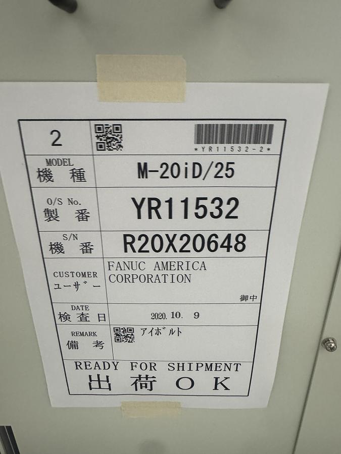 Used FANUC M-20iD/25 ROBOT WITH R-30iB PLUS CONTROLLER, PENDANT, CABLES.  NEVER IN PRODUCTION!