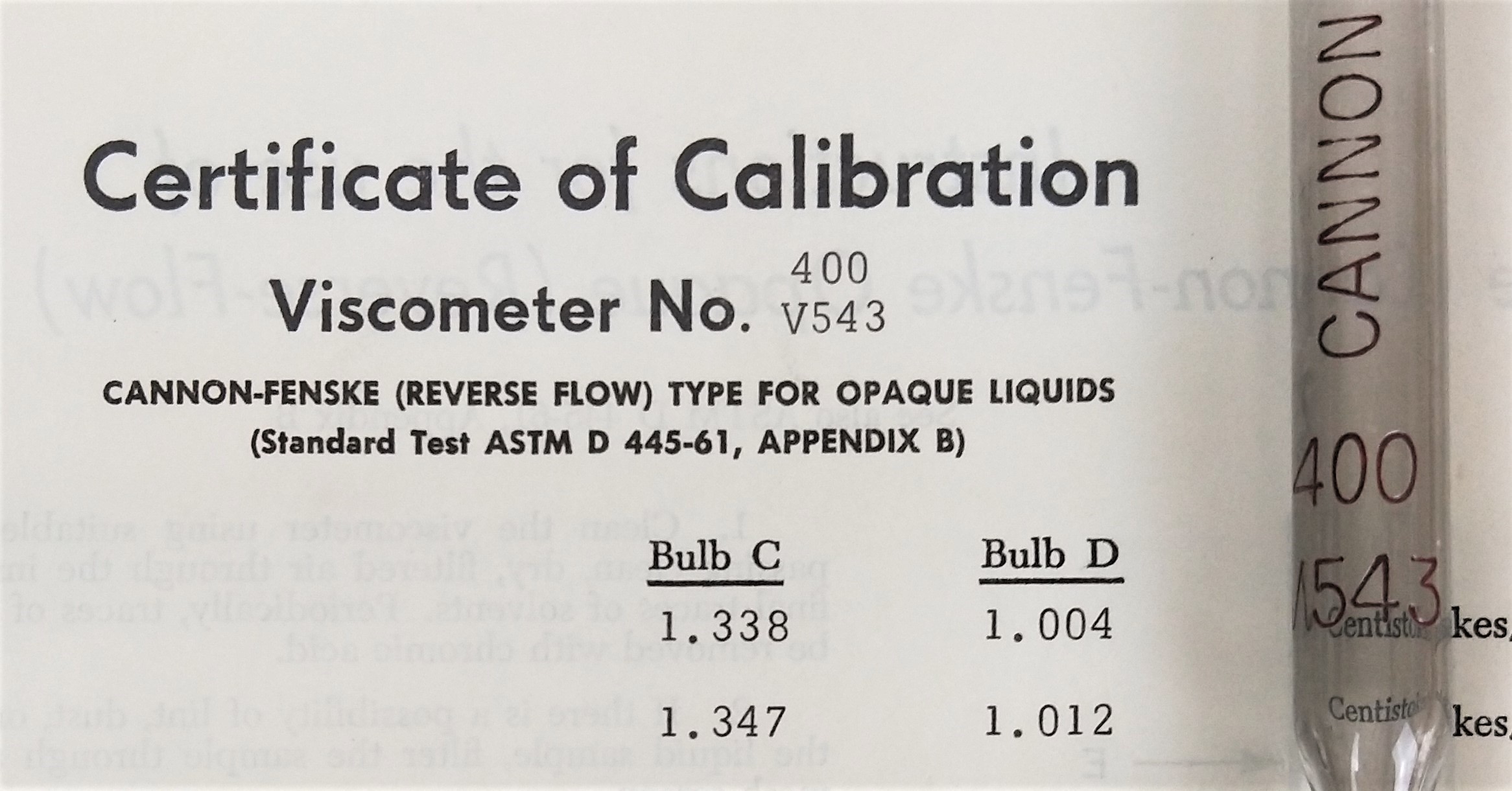 Used Cannon-Fenske CFOC-400 (9721-F74) Certified Opaque Viscometer Tube - Size 400