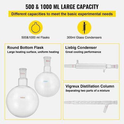 For Sale CROSSOCEAN Glass Kit 13pcs Distillation 24/40 Joints Distillation Apparatus Borosilicate Glass Lab Glassware Kit w/ 1000ml Round Bottom Flask