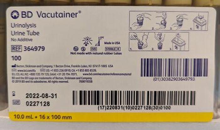For Sale BD 364979 BD Vacutainer Urinalysis Tube Plain 10 mL Conventional Closure Plastic Tube