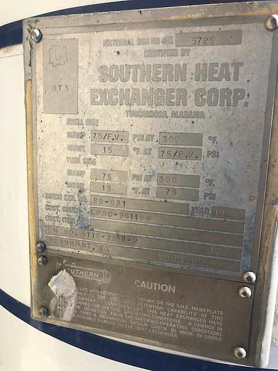 Used Used Southern Heat Exchanger Corp.  Approximately 1220 sq ft. 316L stainless steel shell and tube heat exchanger