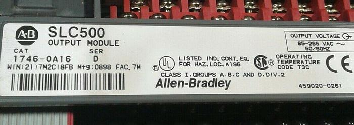 Used ALLEN BRADLEY 1746-0A16, SERIES D, OUTPUT MODULE, 85-265 VAC, 50/60 HZ