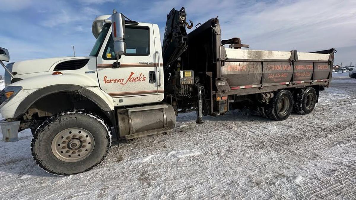 Used 2010 International 7600 Crane truck with a dump box
