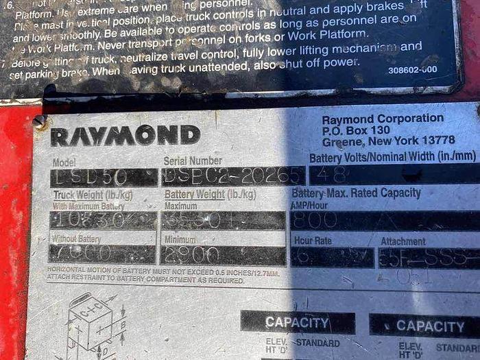 Used 2005 Raymond DSD50 Forklift 3 stage, side shift, 5000 lbs