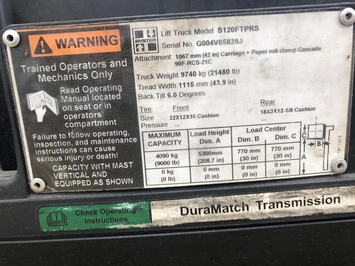 Used 12,000 POUND HYSTER S120FTPRS W/ 6' FORKS MFG. 2011