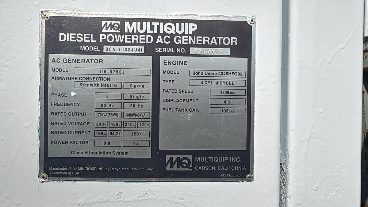 Used 2015 MULTIQUIP WHISPERWATT DCA70SSJU4I