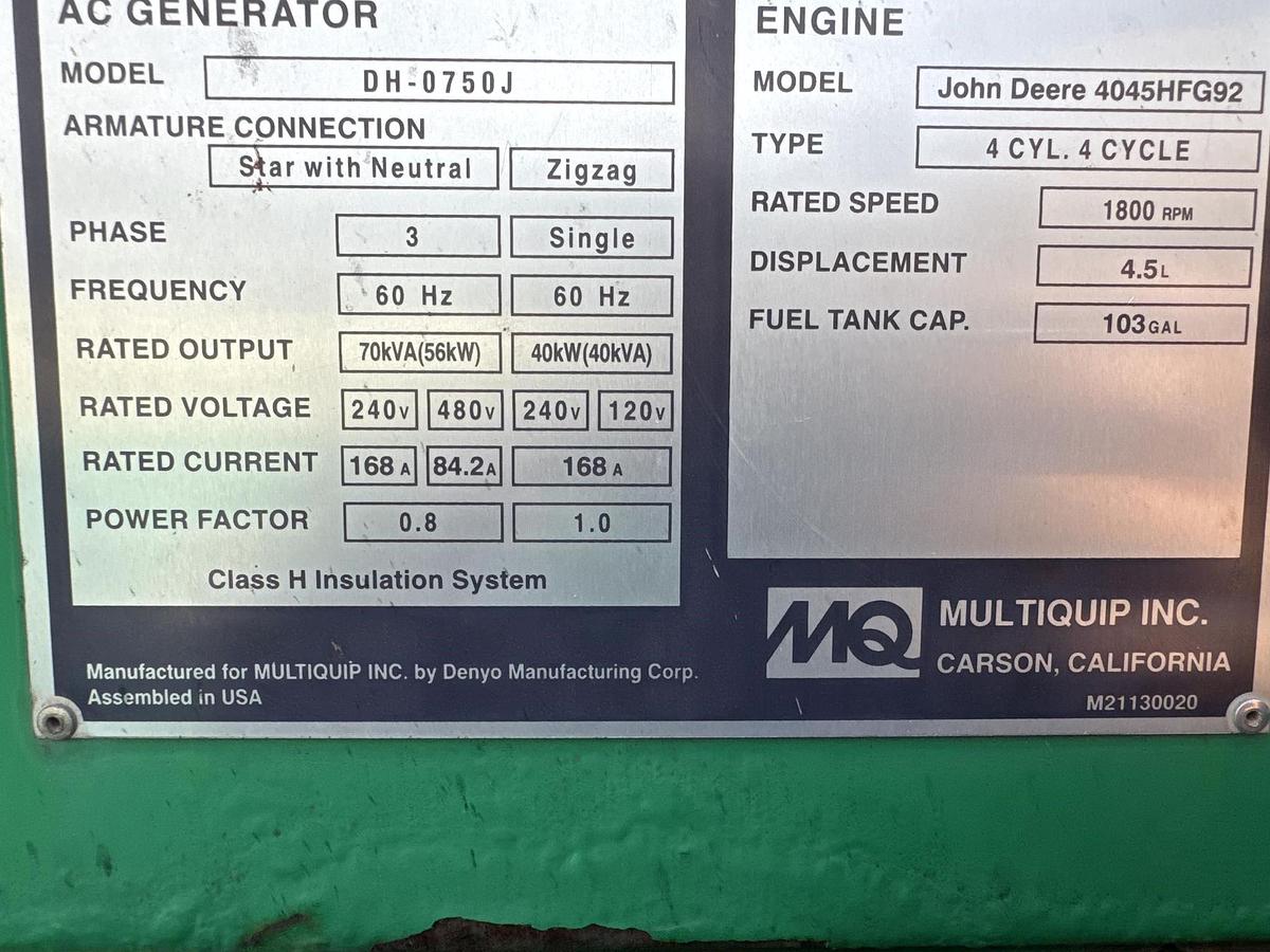 Used 2015 MULTIQUIP WHISPERWATT DCA70SSJU4I