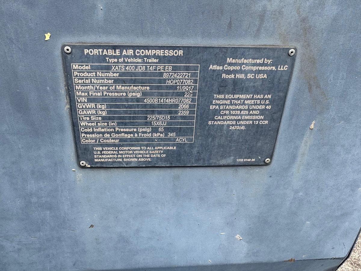 Used 2017 ATLAS COPCO XATS400 AIR COMPREESOR HIGH PRESSURE