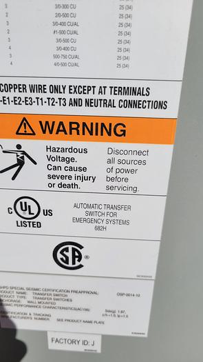 Used 2019 Kohler 600AMP Single Phase ATS