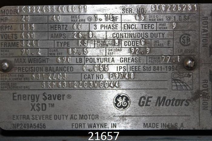 Unused General Electric  Motor, 20 Hp, 885 Rpm, 460 Volt, 324T Frame, (Unused) #21657