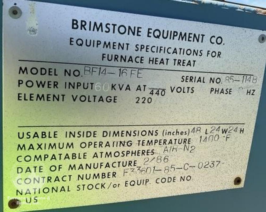 Used 24"W x 24"H x 48"L, Brimstone Box Tempering Furnace, Electric, 1400°F