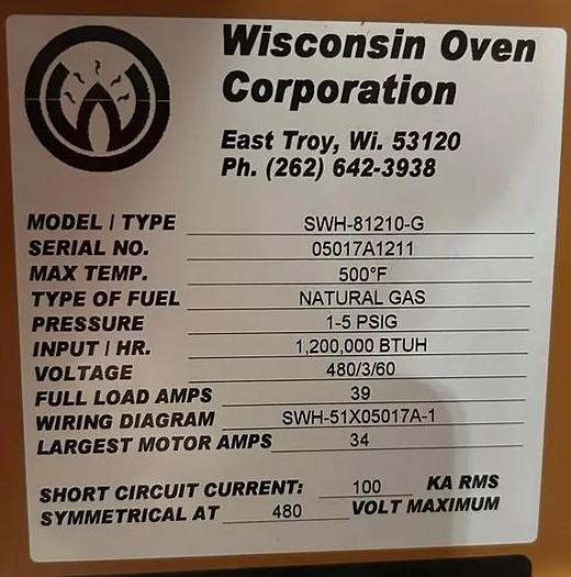 Used 96"W x 120"H x 144"L, Wisconsin Walk-In Oven SWH-81210-G, 500°F, Gas Fired w/Carts
