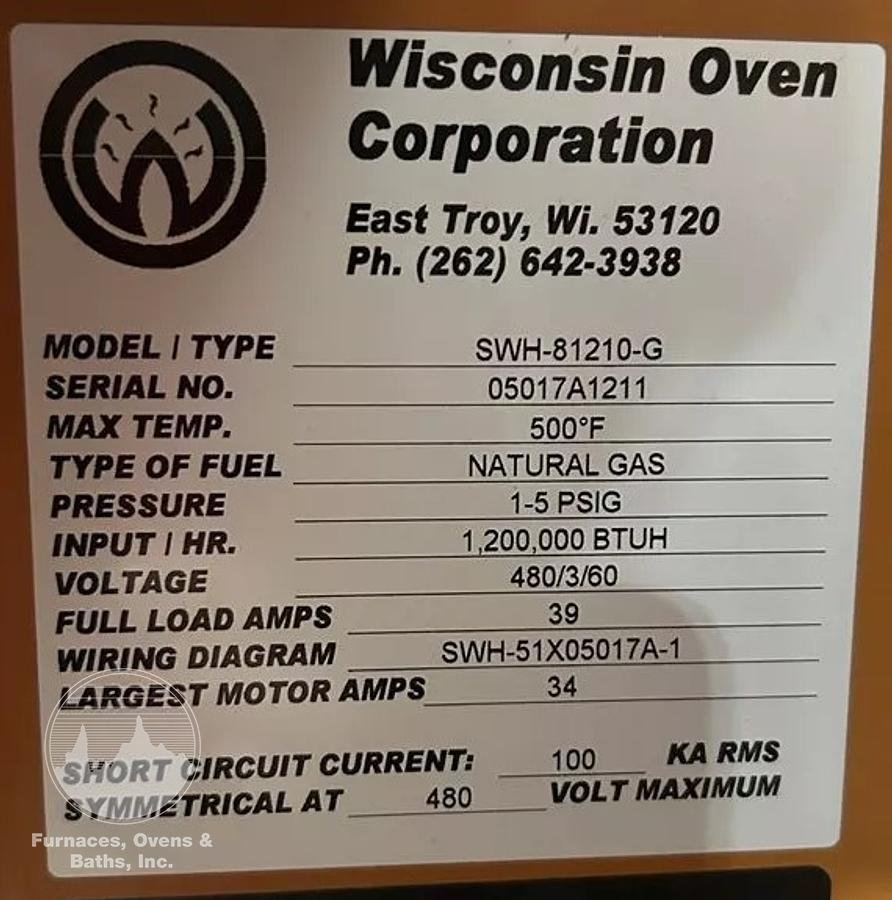 Used 96"W x 120"H x 144"L, Wisconsin Walk-In Oven SWH-81210-G, 500°F, Gas Fired w/Carts