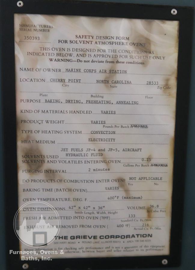 Used 36"W x 36"H x 36"L, Grieve AB-500, Electric, 500-F/400-F w/Solvents
