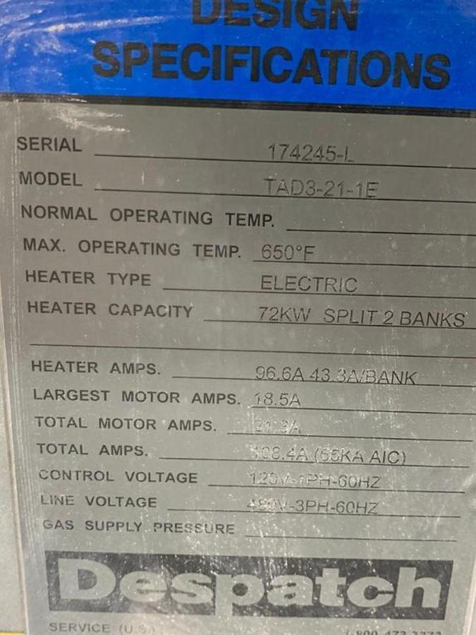 Used 72”W x 72”H x 72”L Despatch TAD3-21-1E, Walk-In/Truck Oven, 650-F