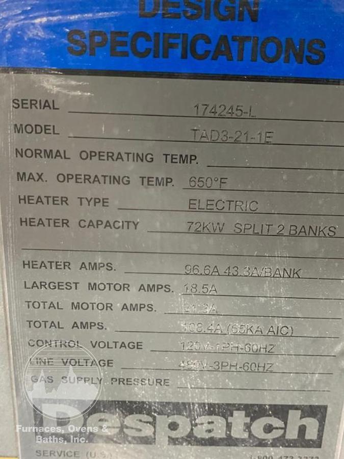 Used 72”W x 72”H x 72”L Despatch TAD3-21-1E, Walk-In/Truck Oven, 650-F