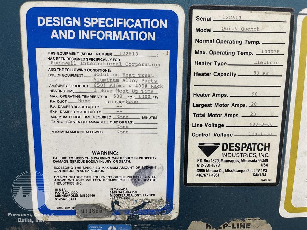 Used Despatch Industries Dropbottom Quick Quench Furnace