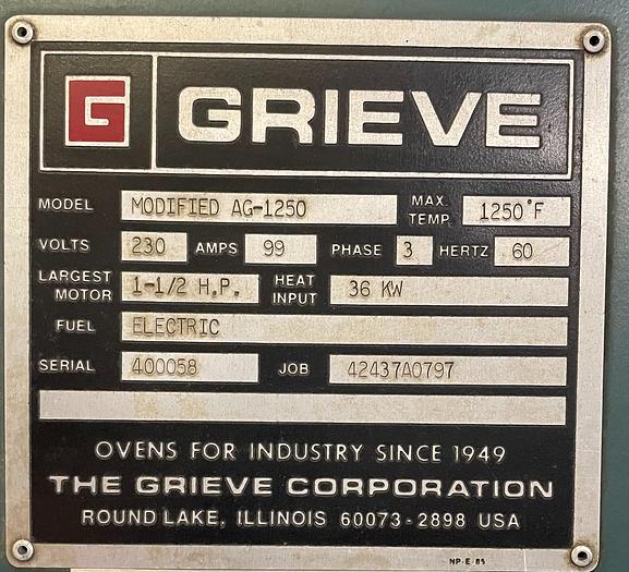 Used 48"W x 36"H x 48"L, Grieve AG-1250, Electric, 1250-F