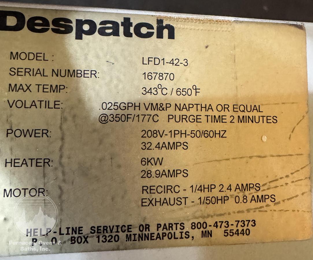 Used 20"W x 20"H x 18”L, Despatch Industries LFD1-42-1 Solvent Rated Cabinet Oven, 650°F, Electric, Single Phase