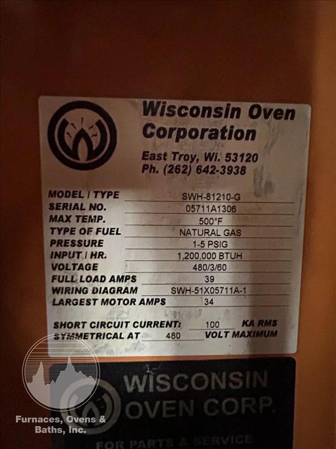Used 96"W x 120"H x 144"L, Wisconsin Walk-In Oven SWH-81210-G, 500°F, Gas Fired w/Carts