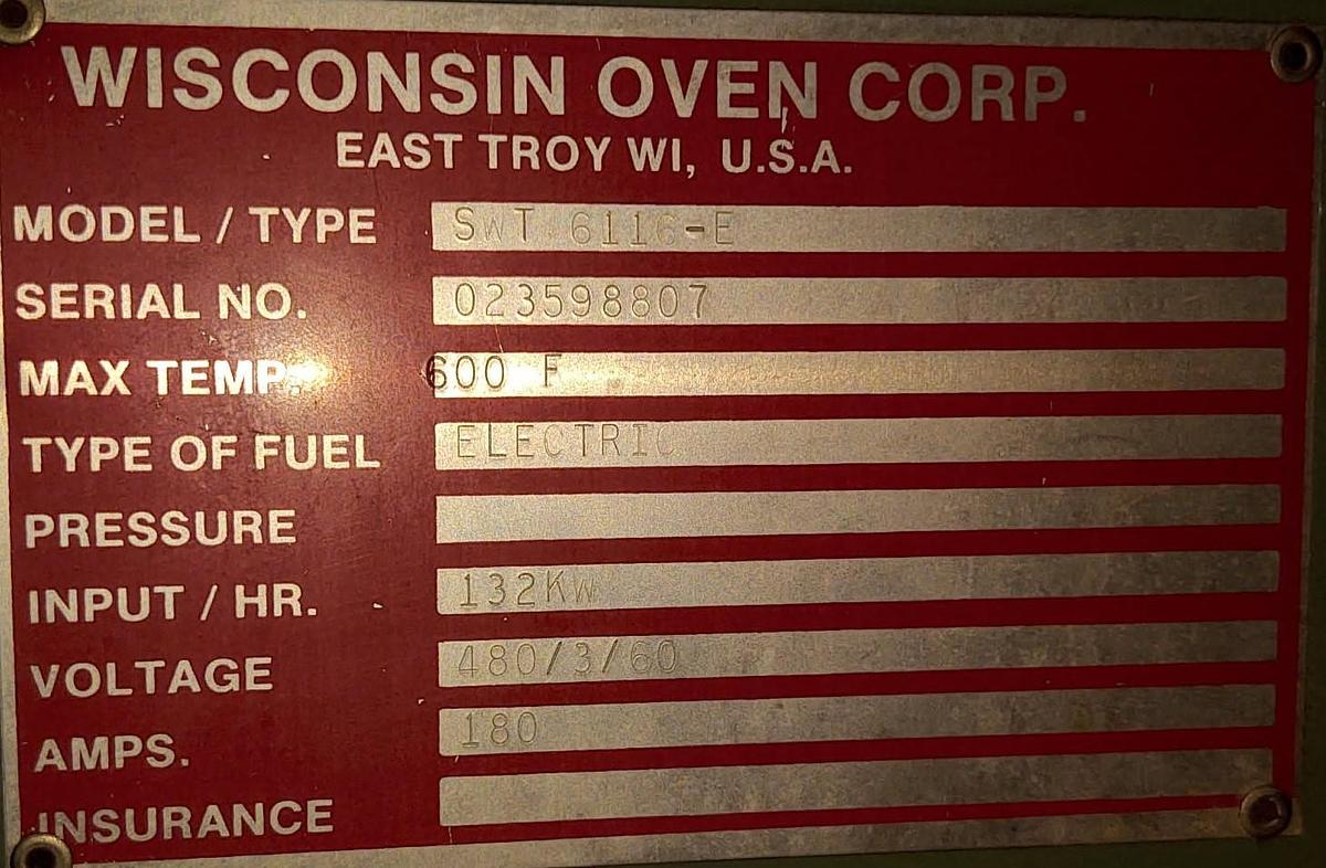 Used 72"W x 72"H x 132"L (11'), Wisconsin Walk-In Oven SWT-6116-E, 600°F, Electric, Powered Exhaust