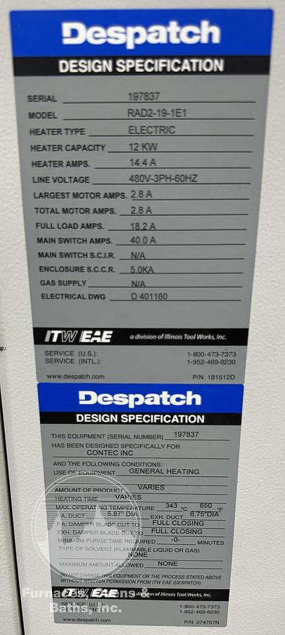 Used 37"W x 37"H x 25”L, Despatch Industries RAD2-19 Cabinet Oven, 650-F, Electric