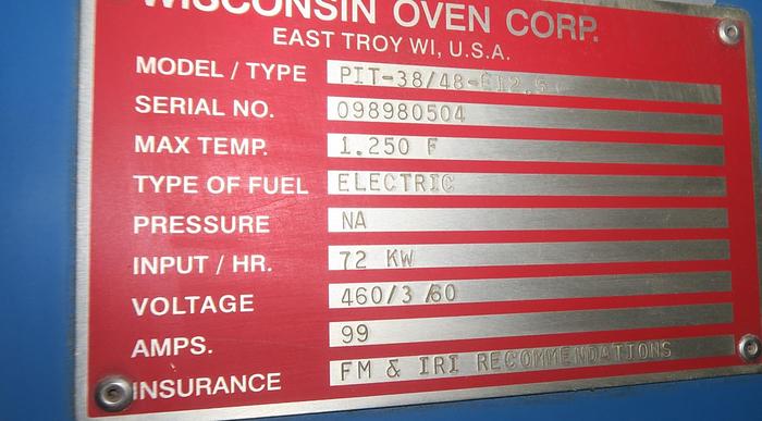 Used Wisconsin Oven Pit Furnace 38" x 48", Electric, 1250°F