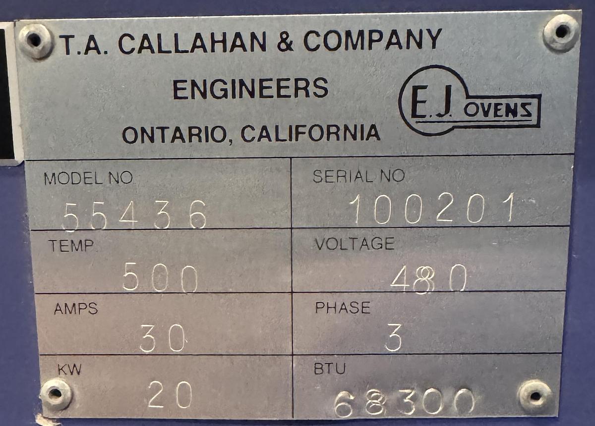 Used 60"W x 54"H x 36"L E.J. Callhan Cabinet Oven, 400°F, Electric, Stainless Steel Interior, Vacuum Composite Oven