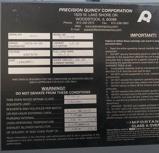 Used 72"W x 72"H x 120"L, Precision Quincy, Electric Walk-In Oven, 450°F, Solvent Rated , Class A