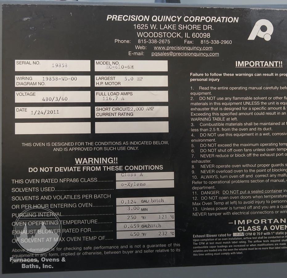 Used 72"W x 72"H x 120"L, Precision Quincy, Electric Walk-In Oven, 450°F, Solvent Rated , Class A