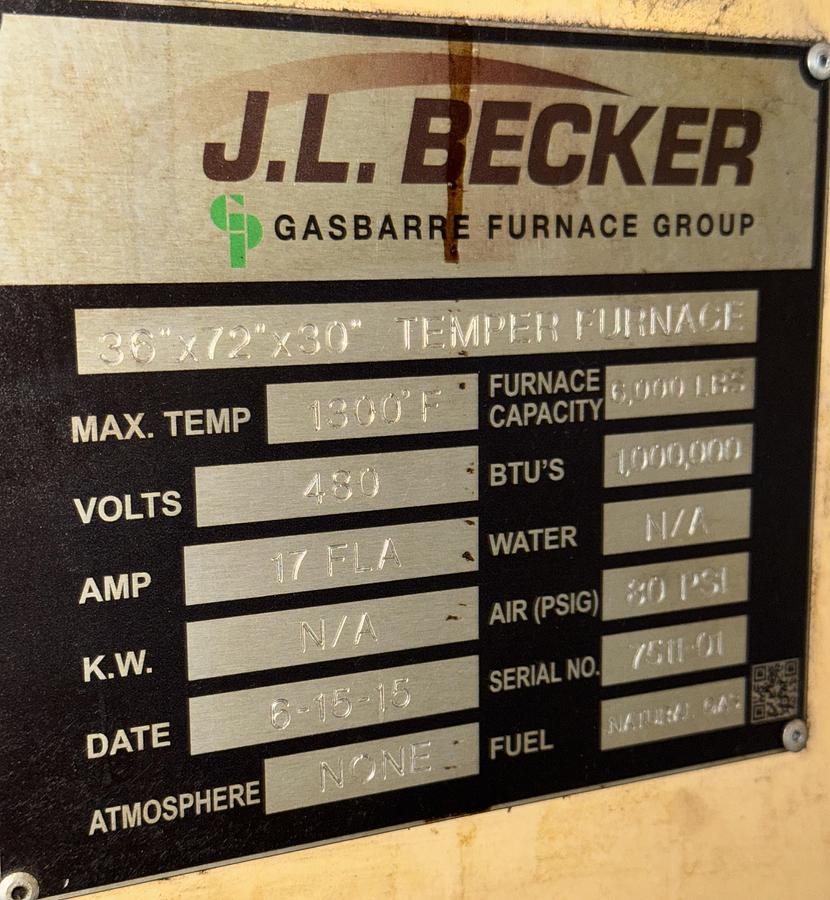 Used 36"W x 30"H x 72"L, Gasbarre, 1300°F, Gas Fired, Fiber Lined, 6000 Pound Capacity