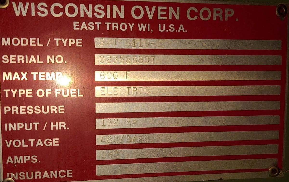 Used 72"W x 72"H x 132"L (11'), Wisconsin Walk-In Oven SWT-6116-E, 600°F, Electric, Powered Exhaust