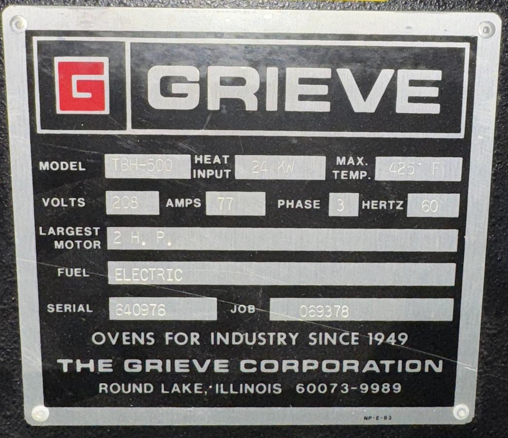 Used 48"W x 60"H x 48"L, Grieve TBH-500, Electric, 500-F, Solvent Rated