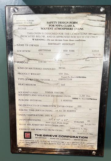 Used 36"W x 60"H x 36"L Grieve TA-500, 500°F, Gas Fired, Class A