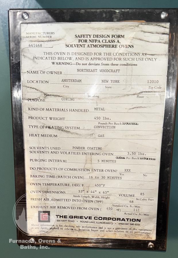Used 36"W x 60"H x 36"L Grieve TA-500, 500°F, Gas Fired, Class A