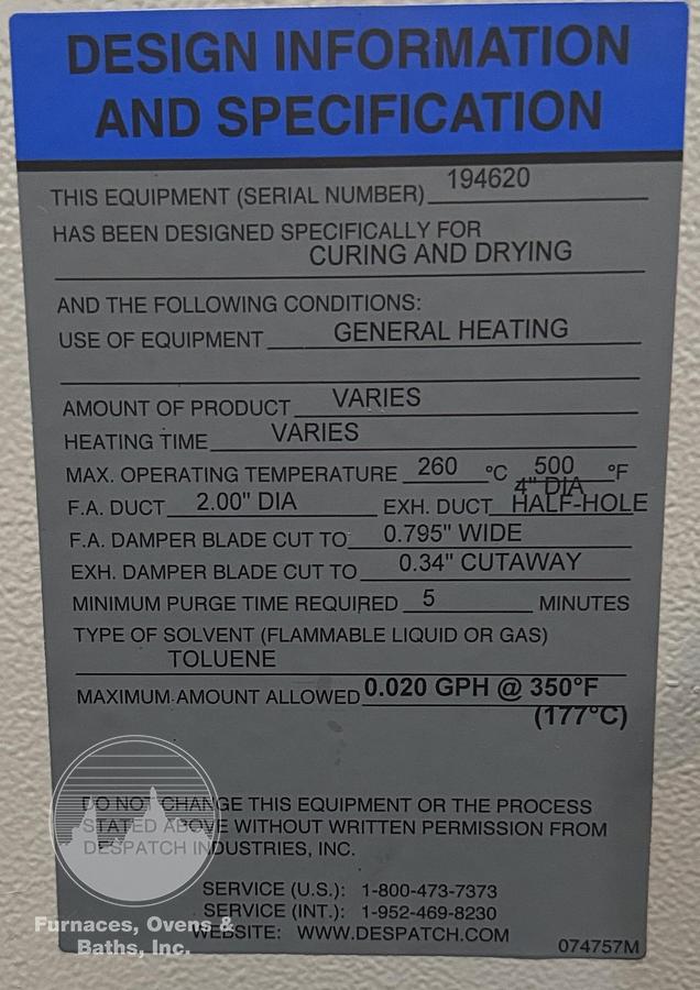 Used 24"W x 36"H x 24”L, Despatch Industries Class A Cabinet Oven, 650°F, Electric, Single Phase