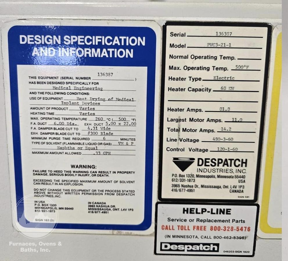 Used 72"W x 72"H x 72"L, Despatch Industries PWC3-21-1, 500-F, Electric, Class A, Solvent Rated