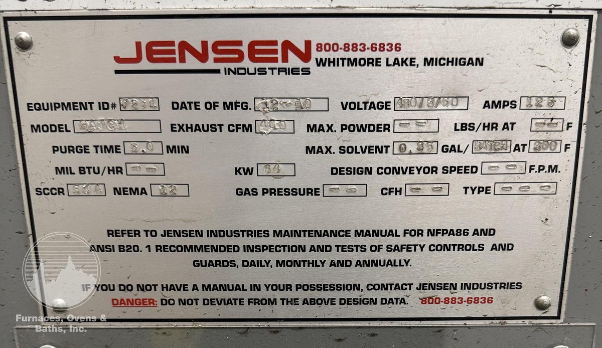 Used 80"W x 76"H x 90"L, Jensen Industries, 500-F, (300-F w/Solvents), Electric, Solvent Rated