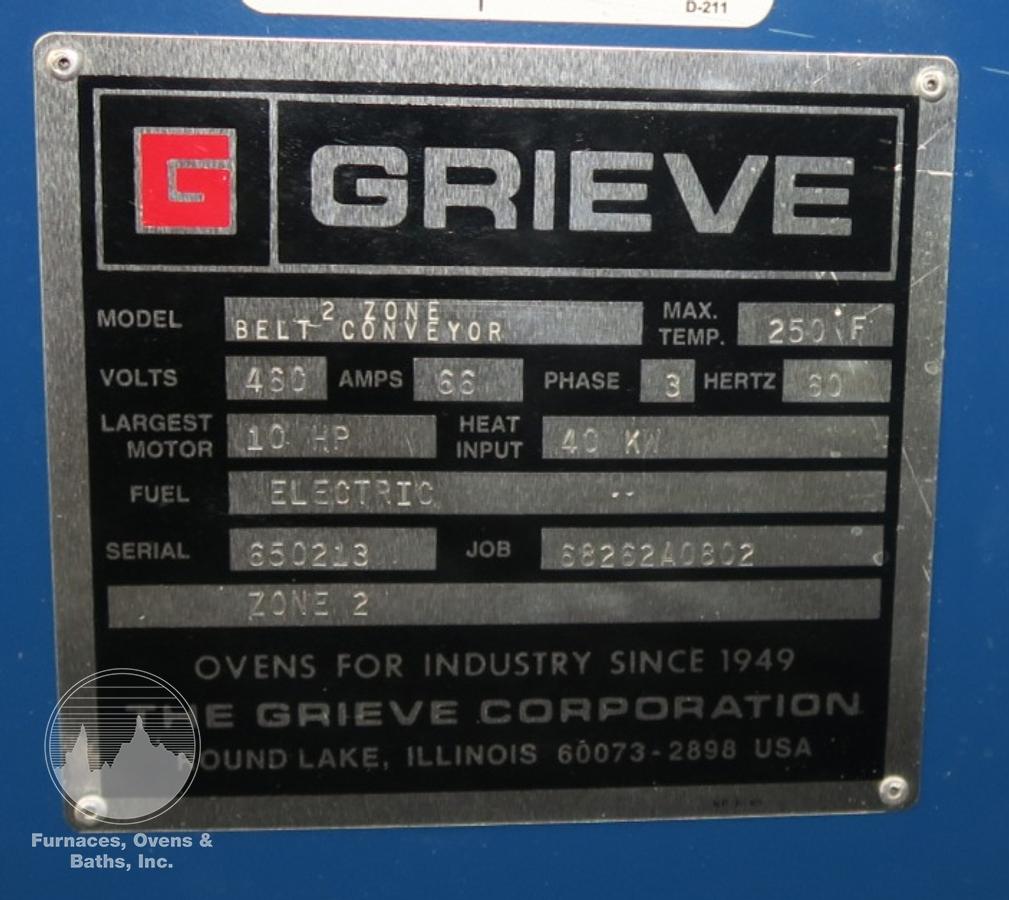 Used 42"W x 14"H x 25'L Grieve Belt Conveyor Oven, Electric, 250-F