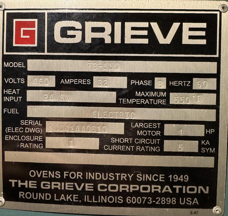 Used 48"W x 60"H x 48"L, Grieve TB-550, Electric, 550-F, w/Cart
