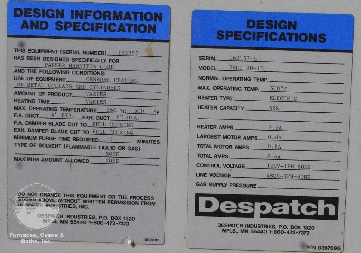 Used 25"W x 25"H x 25"L Despatch VRC1-90-1E Cabinet Oven, 500°F, Electric