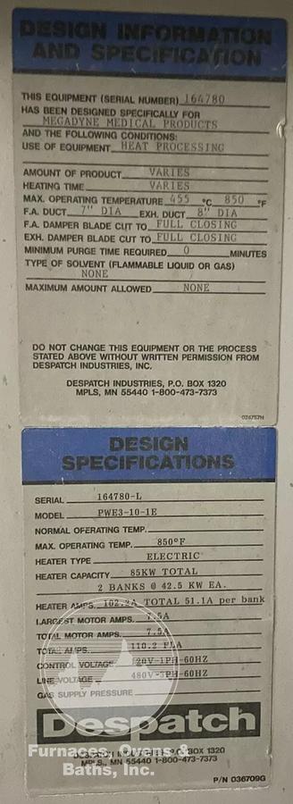 Used 48"W x 72"H x 52"L, Despatch Industries PWE3-10-1E, 850-F, Electric